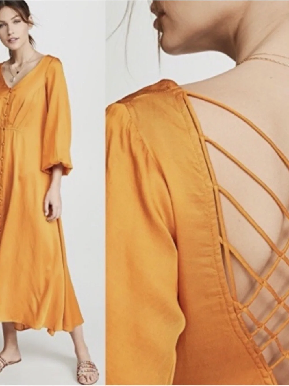 Free People Sunset Orange Lattice-Back Button Midi Dress - Picture 2 of 11